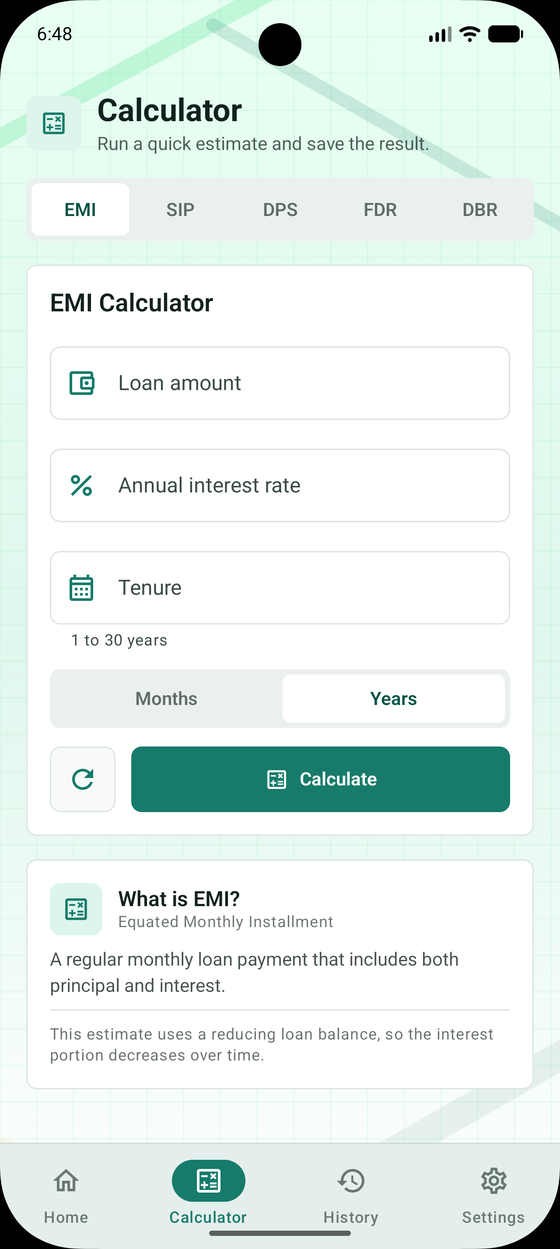 EMI calculator input screen with loan amount, interest rate and tenure